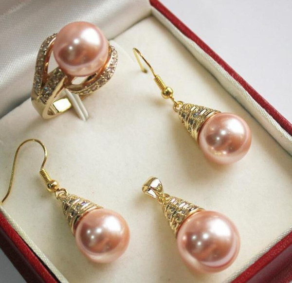 beautiful new jewelry pink 18KGP + 12mm shell pearl pendant, earring, , ring set