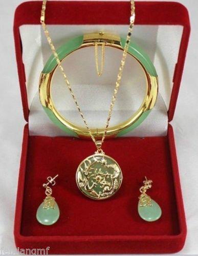 Charming green jade Dragon Phoenix pendants necklace earring bracelet set