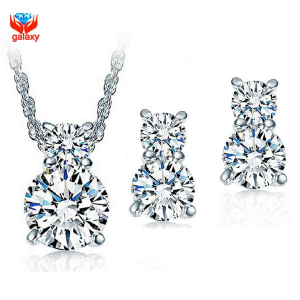 Really 925 Sterling Silver Wedding Jewelry Sets for Bridal Sparkling CZ Diamond Necklace and Stud Earrings Jewelry Set ZS001