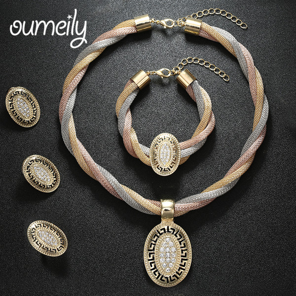 OUMEILY African Beads Jewelry Sets Necklace Bracelet Earrings Imitation Crystal Wedding Gold Color Bridal Accessories Dubai Set