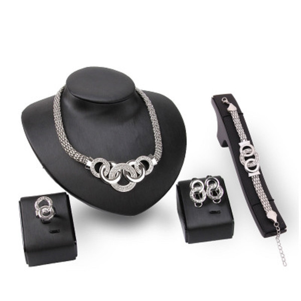 Fashion Silver Plated Choker Necklace Earrings and Bracelet Ring Alloy Round new Statement Ethnic Punk Party Gift Jewelry Sets Women 2018