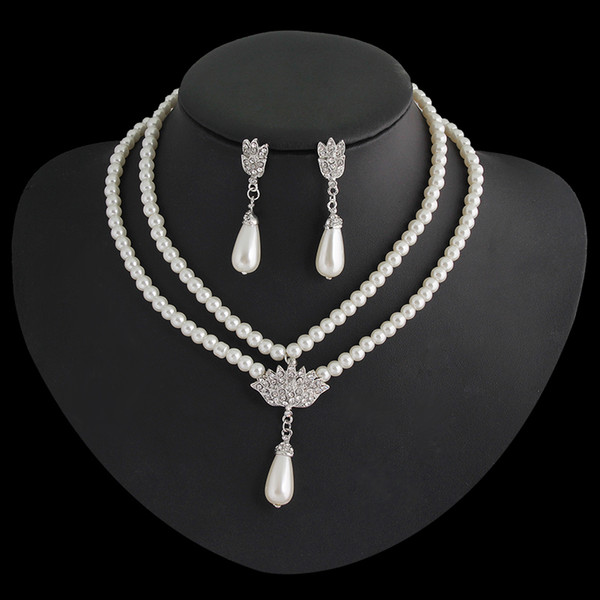 1sets Imitation Classic Clear Crystal Charm Gift Silver Plated Pearls Necklace/Earrings Set For wedding bridal party Jewelry CA227