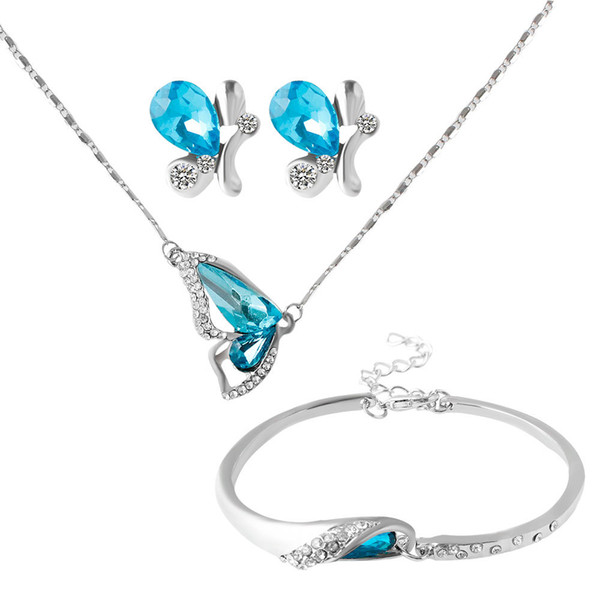 2016 New Blue Butterfly Austrian crystal Jewelry Sets Necklace + Earring+Bracelet Crystal Set Fashion Jewelry