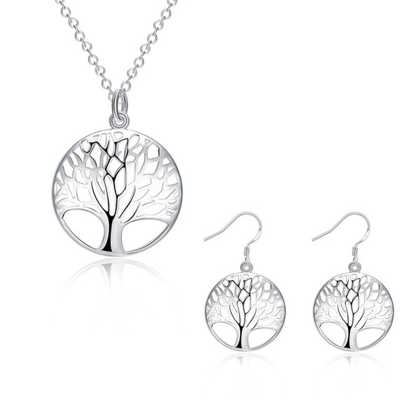 Fashion Women 925 Sterling Silver Plated Life Of Tree Charm Pendant Necklace Earrings Bridal Jewwlry N802