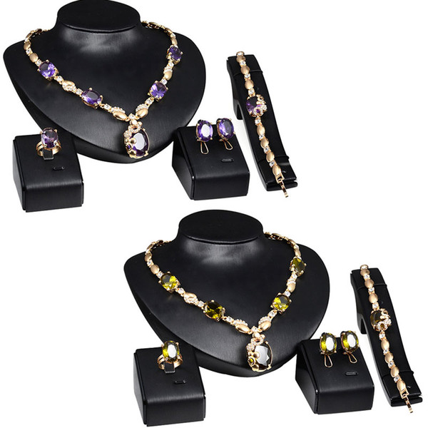 Wedding Accessories Women Bridal Gold Plated Gem Crystal Chain Jewelry Sets C00445 CAD