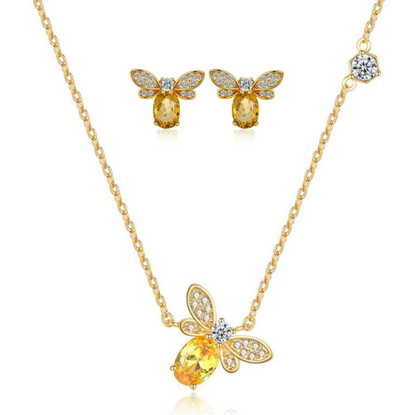 Charming Women Jewelry Set Real 18K Yellow Gold Plated Whitee Yellow CZ Bee Earrings Necklace Set for Kinds Girls Women Nice Gift