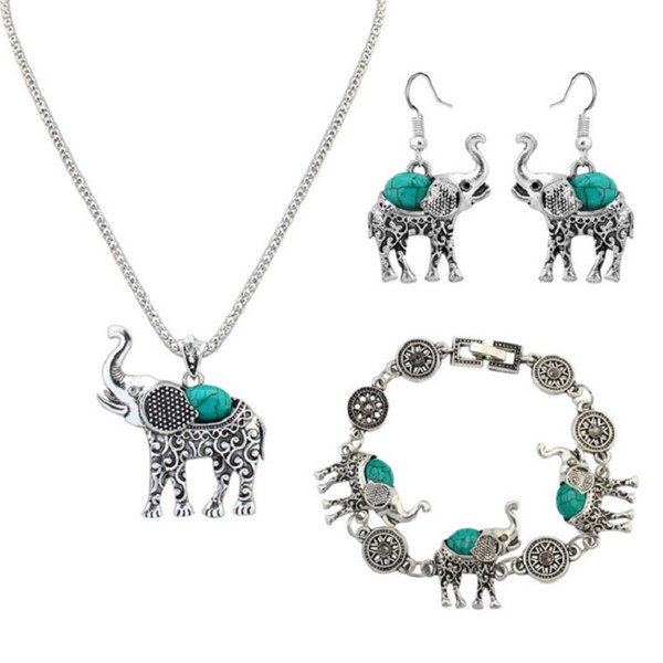 Bohemia Elephant Necklace Bracelet Earrings Turquoise Elephant Jewelry Set Women Ladies Accessories Three-piece Sets