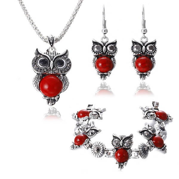 New Brand Design Owl Jewelry Sets Tibetan Vintage Silver Turquoise Stone Pendant Necklace drop earrings Charm bracelet Set LD