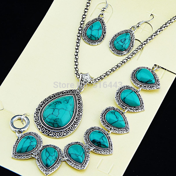 2015 New Hot Sale Antique Silver 3pcs Water Drop Turquoise Earrings Bracelet Necklace Women Vintage Wedding Jewelry Set A1002