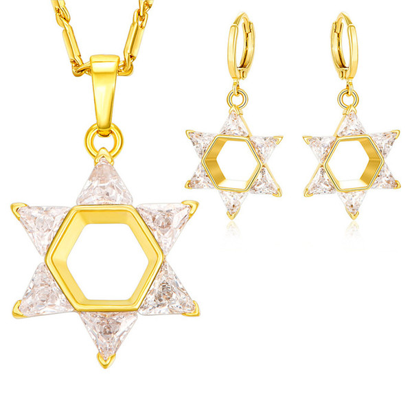 New Hot Crystal Star Of David Jewelry Set For Women Men Gold Color Cubic Zirconia Magen Necklace Set Jewish Jewelry