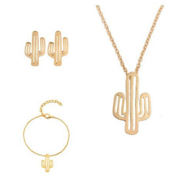 2018 New Fashion Hollow Cactus Jewelry Sets Gold And Silver Cactus Pendant Bracelet Earrings Necklace Sets Women Nice Jewelry