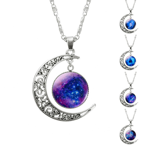 FAMSHIN 2018 Neue Heiße Mode Schmuck Halsband Halskette Glas Galaxy Schöne Anhänger Silber Kette Mond Halskette Freies verschiffen