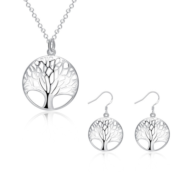 HOT SALE Cute Silver Tree Of Life Jewelry set Necklace Earring Lady Wife Friend Women Wedding Valentines Gift Charms S828