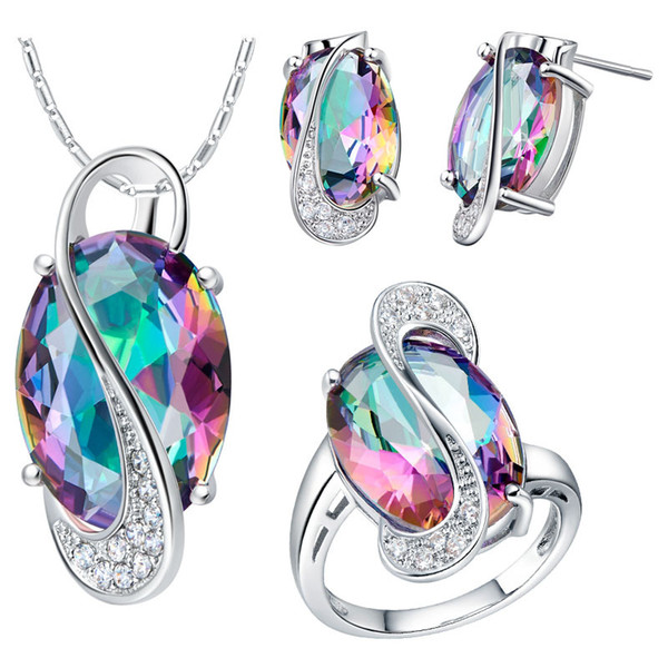 925 Sterling Silver Jewelry Olive Colorful Cubic Zirconia Jewelry Sets for Women Earrings/Pendant/Necklace/Rings