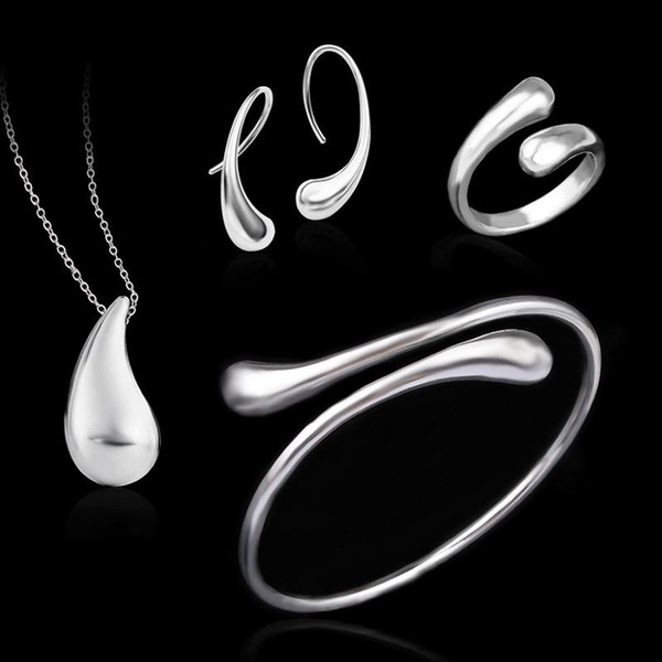 Wedding Jewelry Set 925 Stering Silver Jewelry Sets Silver Water Drop Bangles Bracelets Pendant Necklace Finger Rings Earrings WCW134