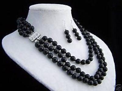 Free Shipping >>>>AAA 3 STRAND 8MM BLACK ONYX BEAD NECKLACE~EARRINGS 18-20