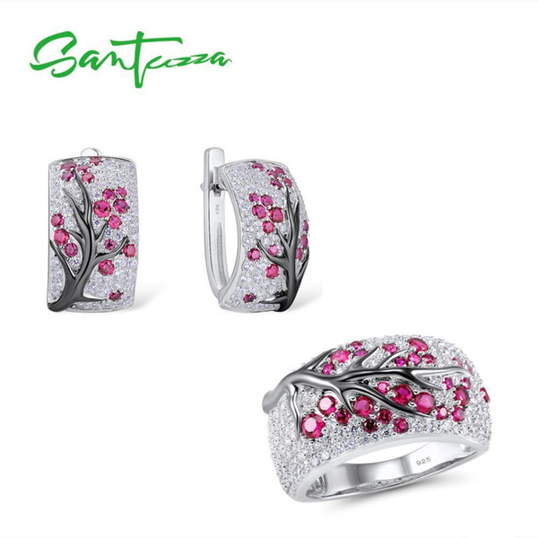 Santuzza For Women Shiny Pink Tree Earrings Ring Set Pure 925 Sterling Silver Delicate Fashion Jewelry C19041701