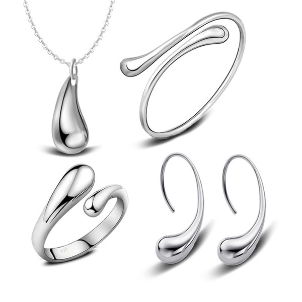 Top Quality 925 Stering Silver Jewelry Set Water Drop Jewelry Sets Necklace+Bracelet Bangle+Earring+Ring Set For Women