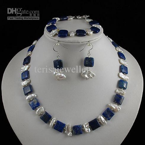 Charming!pearl jewelry set AA 3x18MM white Genuine freshwater pearl & blue lapis Free shipping A2410