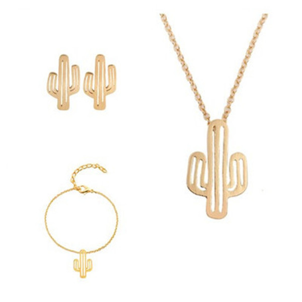 New Fashion Hollow Cactus Jewelry Sets Gold And Silver Cactus Pendant Bracelet Earrings Necklace Sets Women Nice Jewelry T0218