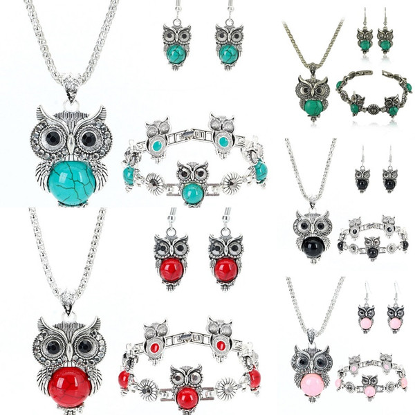 Fashion 10pcs/lot Classical Vintage 6 colors Owl Turquoise 3 Piece Set Bracelet Pendant Necklace Earring Natural Stone Jewelry Set Gifts