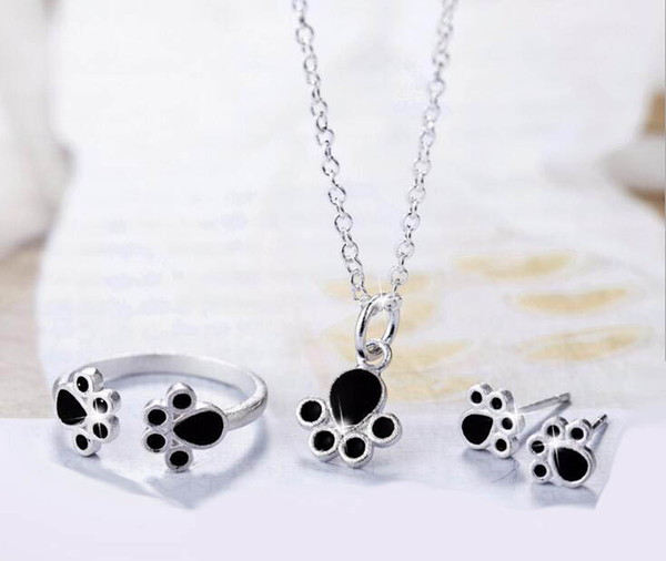 2018 NEW fashion Ladies Women 925 Sterling Silver Necklace/Earrings/Ring Cute cat claw Jewelry Set