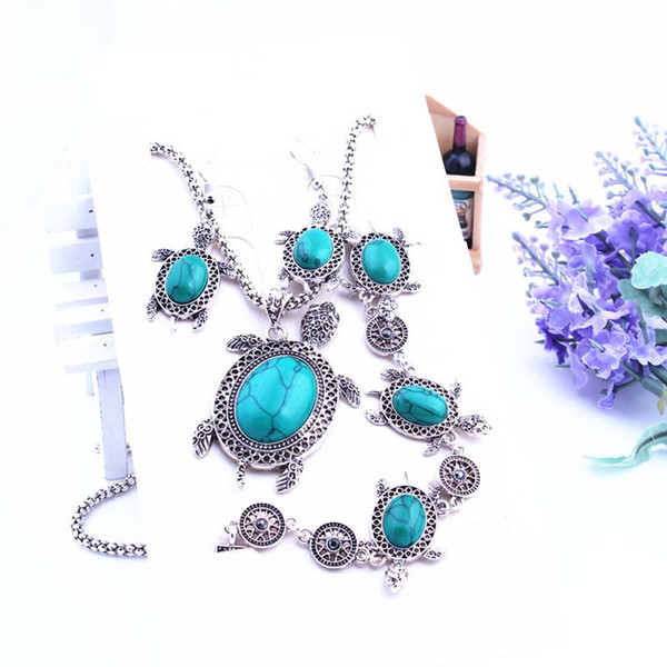 Anmial tortoise Turquoise Bracelet Earrings Necklace Sets Women Fashion Wedding Bride Party Costum African Jewelry Sets Silver Plated