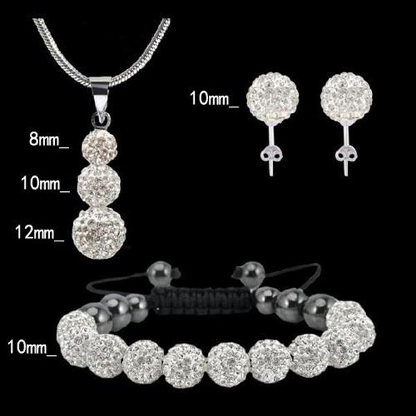 Shiny shamballa jewelry set unique 3pcs 8mm 10mm 12mm Crystal Disco Beads Fashion Silver Jewelry Necklace & Bracelet & Earrings 10sets white