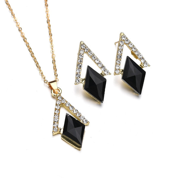 Gold Rose Gold Black Stone Stainless Steel Jewelry Stes Women triangle Diamond Earrings & Necklace Jewelry Set For Female