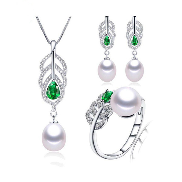 Most fashionable Natural Pearl sets for women AAAA high quality silver necklace earrings ring Green crystal 4 colors