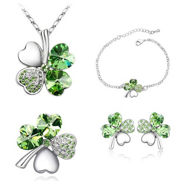 Four Leaf Clover Necklaces Pendants bracelet earring stud brooch Heart Crystal jewelry sets Vintage Fashion Jewelry For wedding 162068