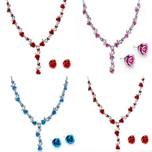 Red Blue Roses Flower Rhinestone Necklace Earring Jewelry Set Vintage Silver Charms For Bridal Women Wedding/Bride Fashion Gift