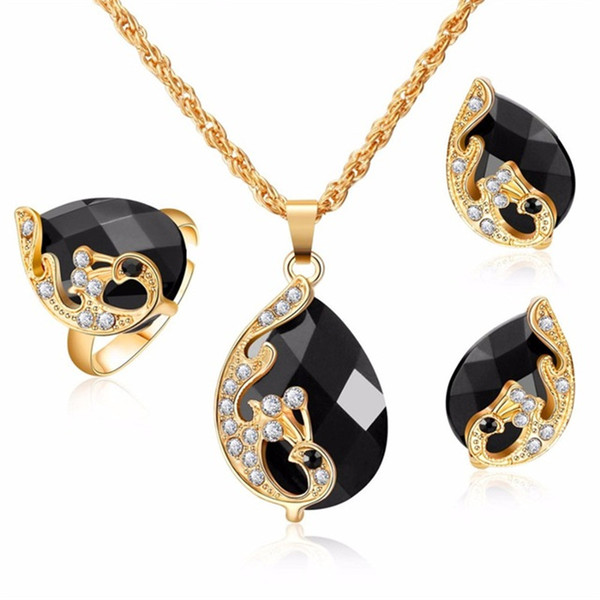 Dark Zircon Bridal Gold Color Jewelry Sets 5 Color Crystal Peacock Jewelry Sets Bride Wedding Necklace Earrings Adjustable Rings Set