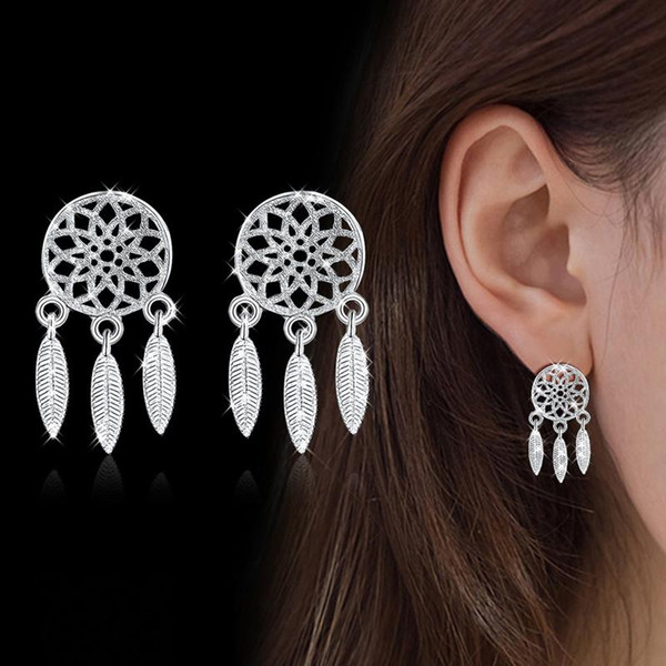 925 Sterling Silver Jewelry sets Dream Catchers feather pendant necklace stud earrings set For women ladies Fashion Jewelry