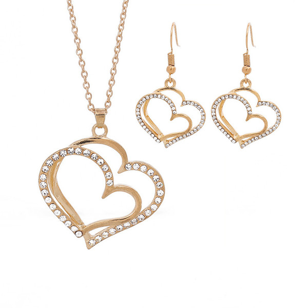 Peach Heart-shaped Necklace Earrings Sets Gold Silver Colors Double Heart Earrings Necklaces Women Fashion Jewelry Sets