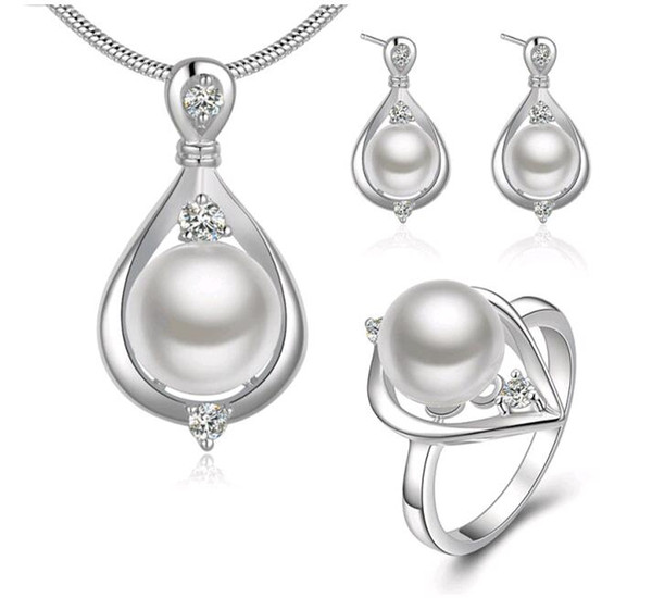 1Set New Arrival Women Natural Pearl Silver Plated Heart Pendant Necklace Earrings and Ring Jewelry Set for Wedding Engagement