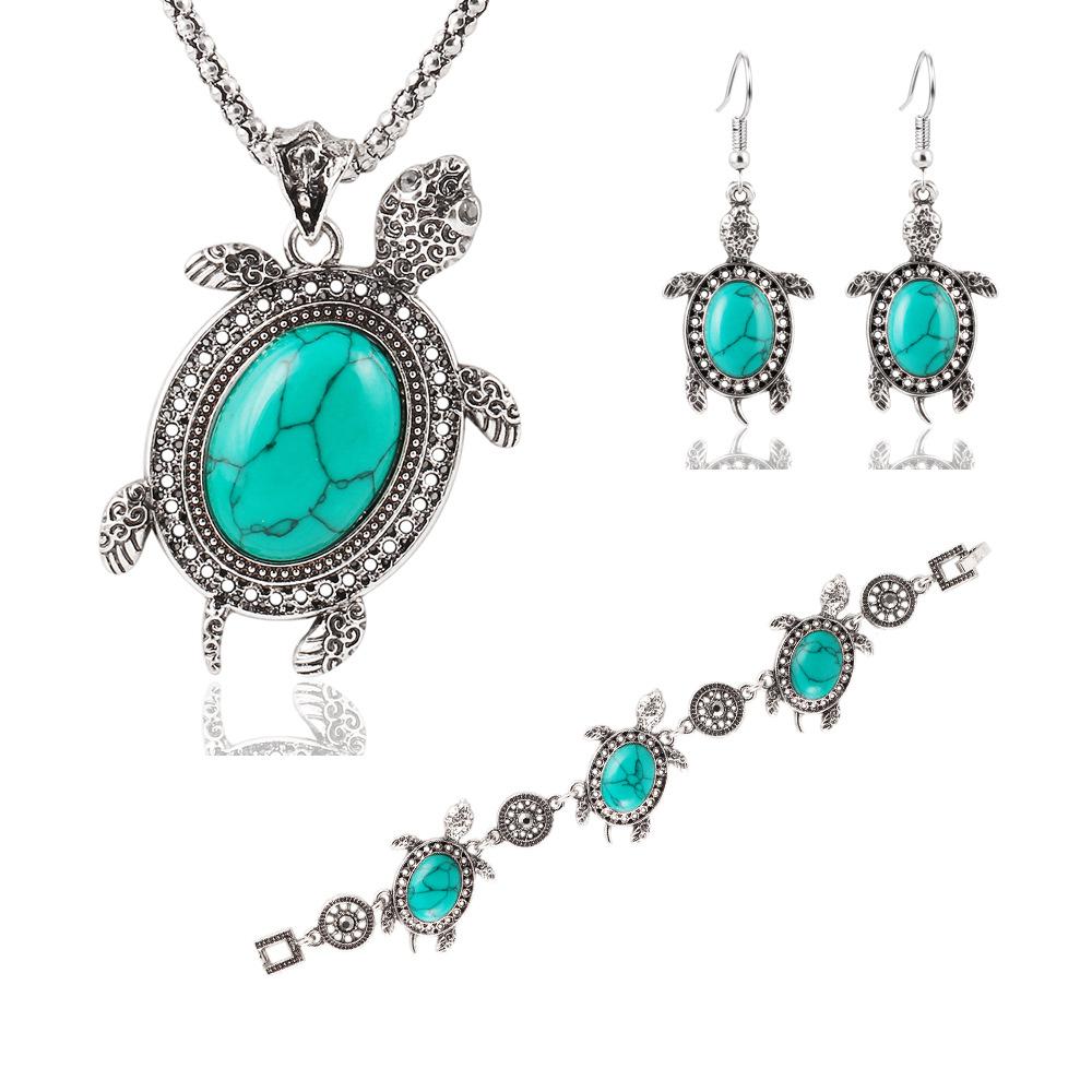 Anmial tortoise Turquoise Bracelet Earrings Necklace Sets Women Fashion Wedding Bride Party Costum African Jewelry Sets Silver Plated