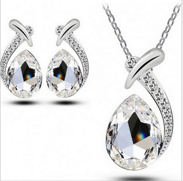 Natural Crystal Drop Shape Pendant Rhinestone Necklace Earrings Set Classic Swarovski Elements 9 Colors Optional Fashion Women Jewelry