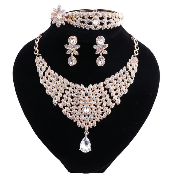 Wedding Jewelry Crystal Rhinestone Silver Plated Necklace Earrings Bracelet Ring Set for Women Wedding Party Bridal Jewelry sets