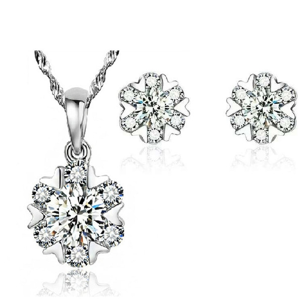 925 sterling silver jewelry sets earring & necklace six crystal snowflake shaped charms vintage classic hot free shipping