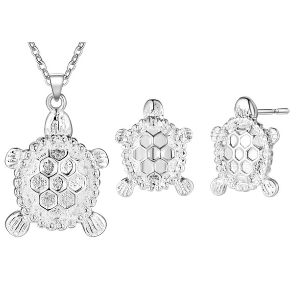 Silver Plated Cute Tortoise Turtle Animal Stud Earrings Chain Pendant Necklace Fashion Womens Jewelry Sets for Party Wedding