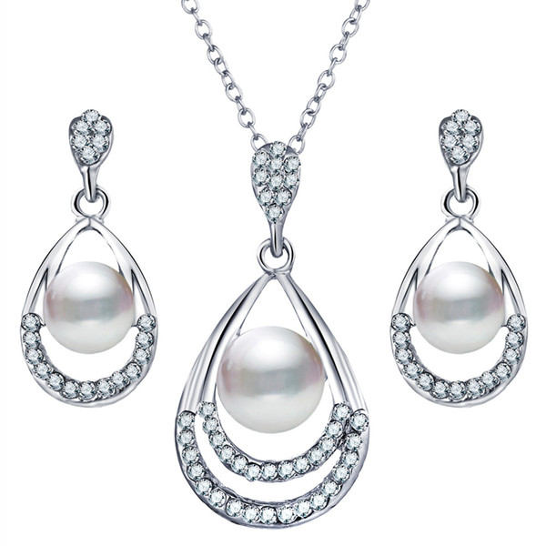 Crystal Pearl Drop Necklace Earring Sets Golden Silver Ear Pendant For Women Girl Jewelry Sets