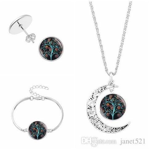 The Tree Of Life Jewelry Sets Necklace Earrings Bracelets 4 pcs Set Silver Plated Glass Charm Pendants Jewelry Sets