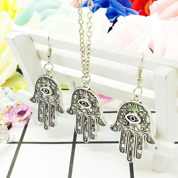 2018 Hot Antique Silver Hasam Evil Eye Hand Charm Pendant Necklace Earring Set Fashion Creative Women Jewelry Accessories Holiday Gift