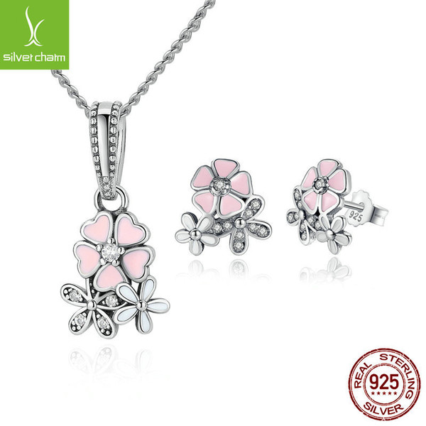 BAMOER Authentic 925 Silver Jewelry Set For Elegant Ladies Lucky Pink Flower Poetic Daisy Cherry Peach Blossom Wedding Earrings&Necklace Set