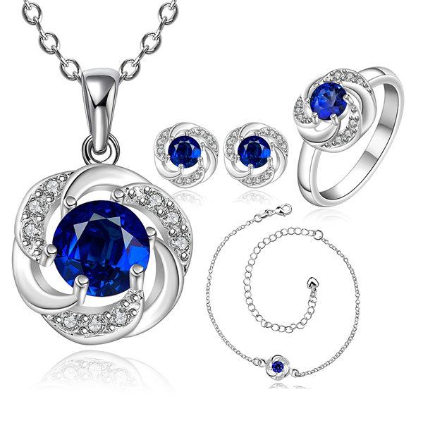 New Elegant 925 Sterling Silver Sapphire Flower Necklace Earrings Rings Anklet Sets Beauty Women's Wedding Jewelry Set