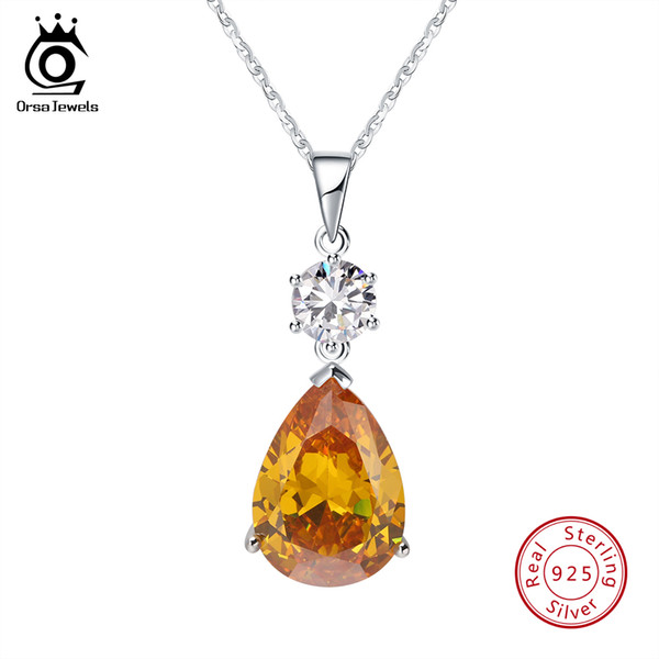 ORSA JEWELS 100% Real Sterling Silver Pendant With Chain 925 Women Necklace Water Drop Yellow Clear Big AAA CZ Jewelry SN63