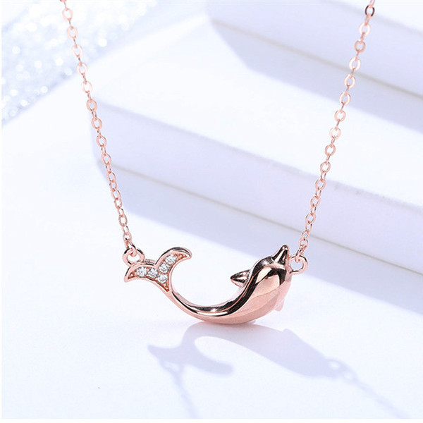 dolphin necklaces jewelry woman female real 925 sterling silver animal ocean fish rose gold plated choker human friend fashion cute new 1pc