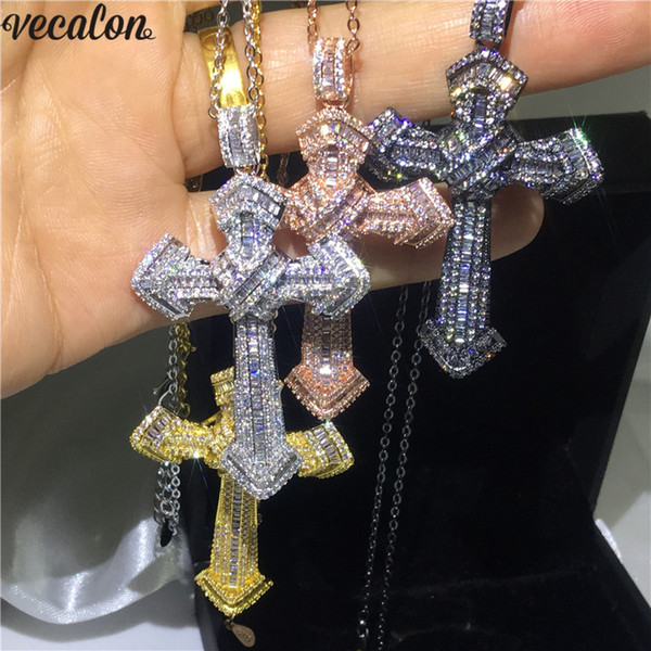 Vecalon 4 Color HIPHOP Big Cross pendant 925 Sterling silver 5A Cz Party Wedding Pendants with necklace for Women Men Jewelry