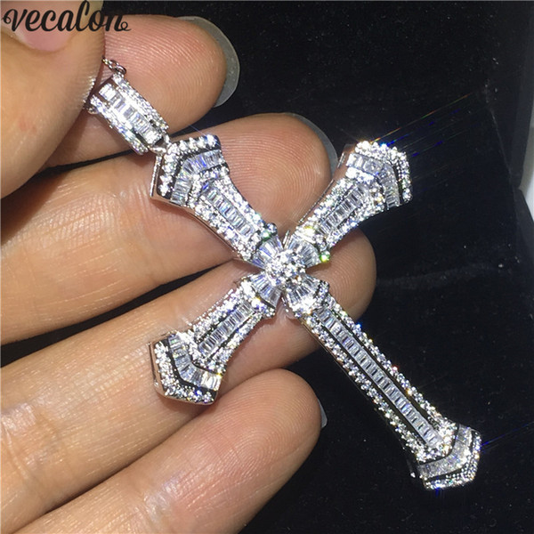 Vecalon Handamde Long Cross pendant 925 Sterling silver 5A Cz Stone cross Pendant necklace for Women Men Party Wedding Jewelry